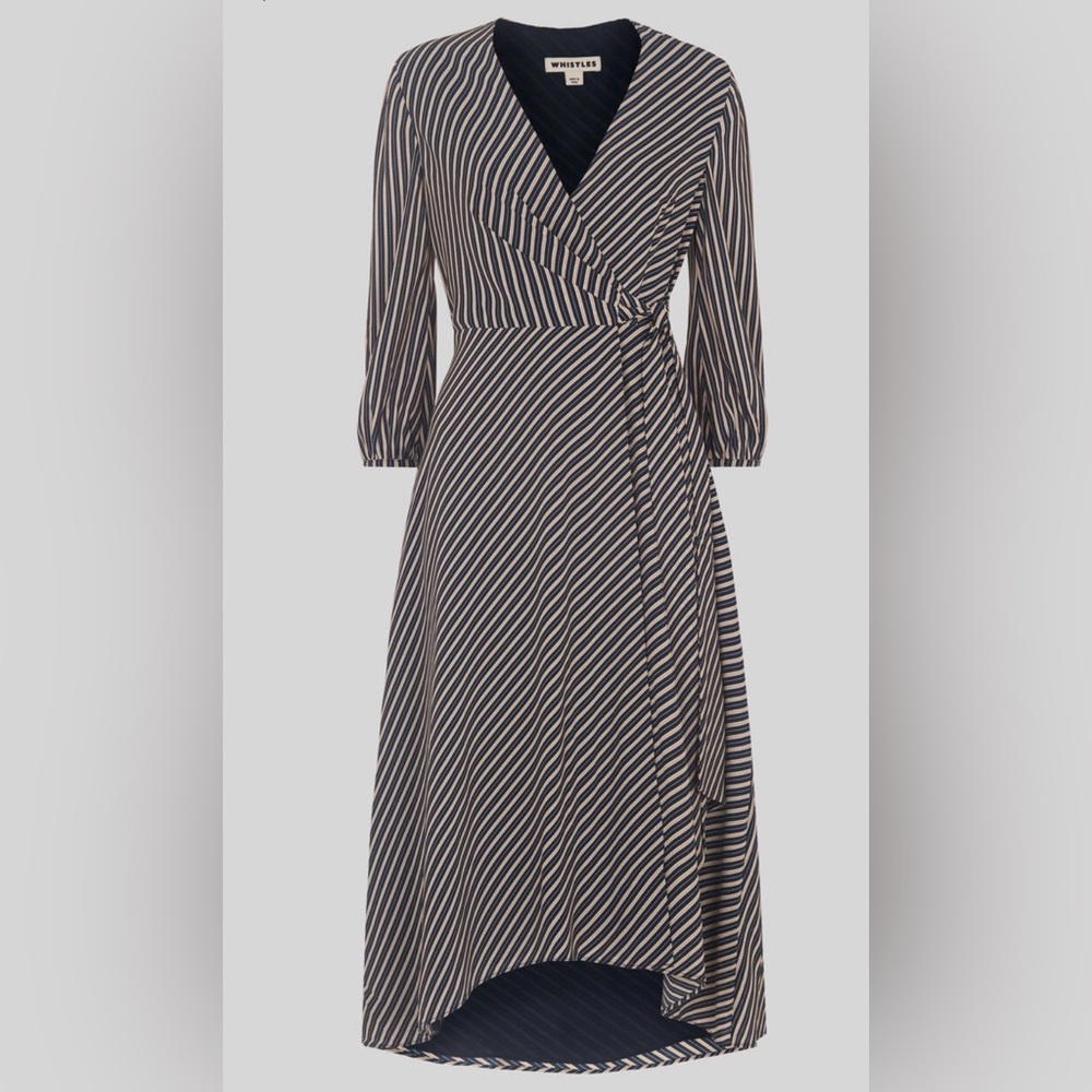Whistles Callie Stripe Wrap Midi Workwear Dress Blue Yellow White UK 10 / US 6 - Picture 4 of 14